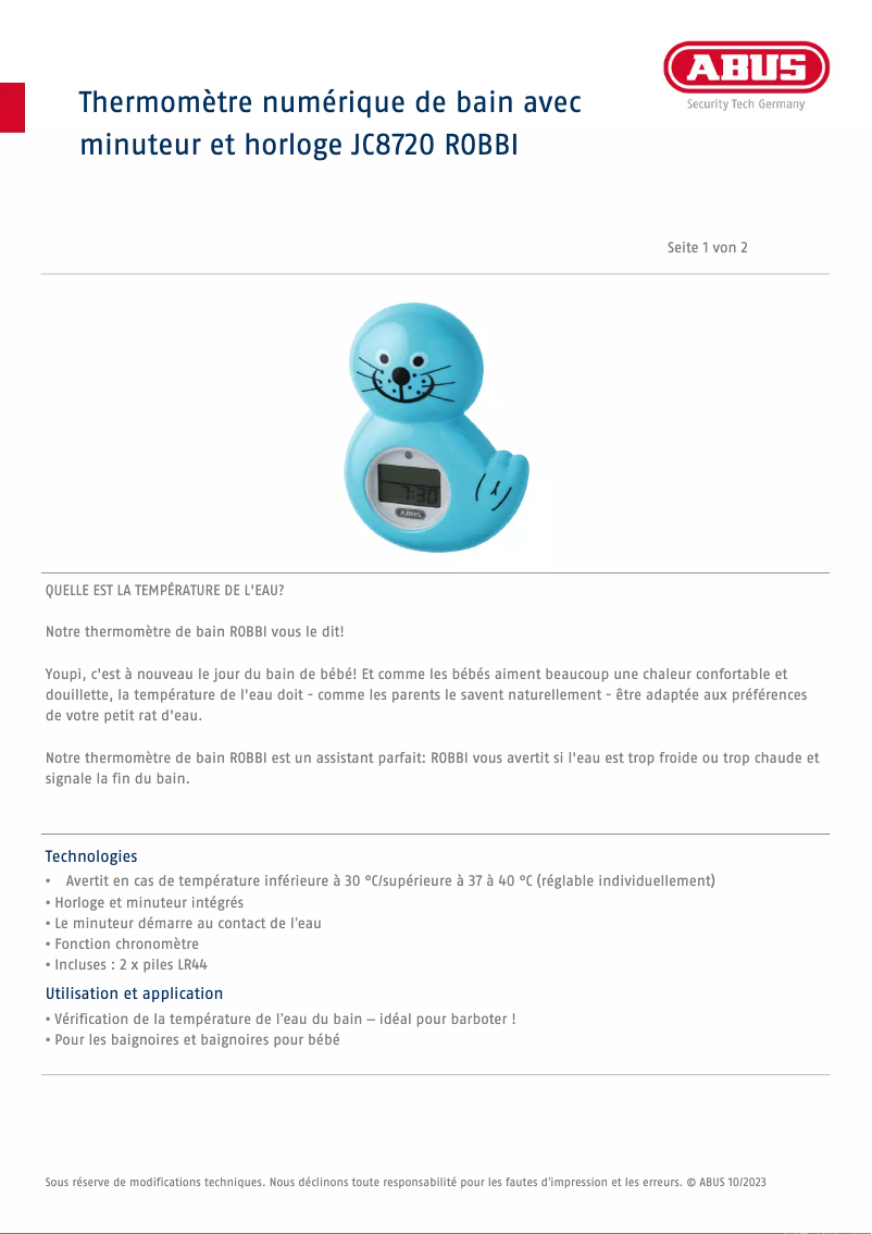 Page n°1 - Fiche technique Abus Robbi JC8720