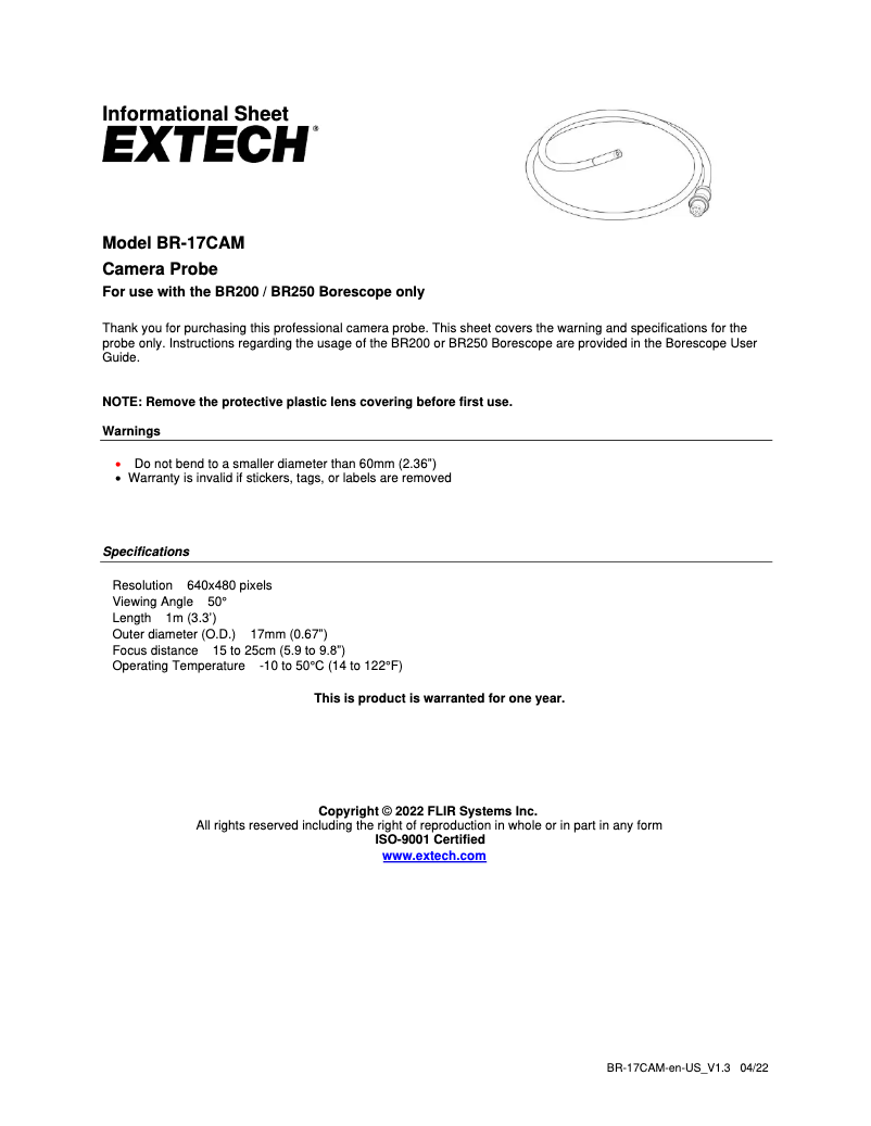 Page 1 de la notice Manuel utilisateur Extech BR-17CAM