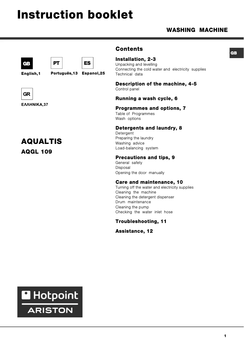 Page n°1 - Manuel utilisateur Hotpoint Aqualtis AQGL 109