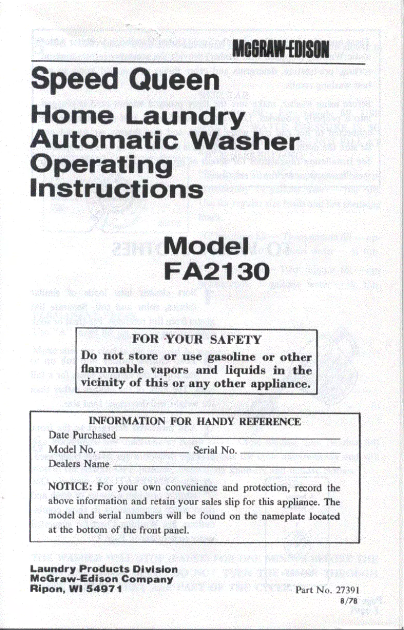 Page n°1 - Manuel utilisateur Speed Queen FA2130