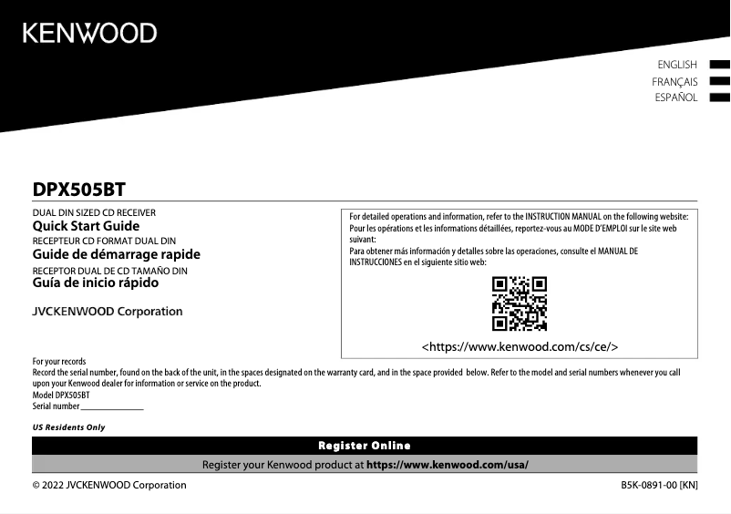 Page 1 de la notice Guide de démarrage rapide Kenwood DPX505BT