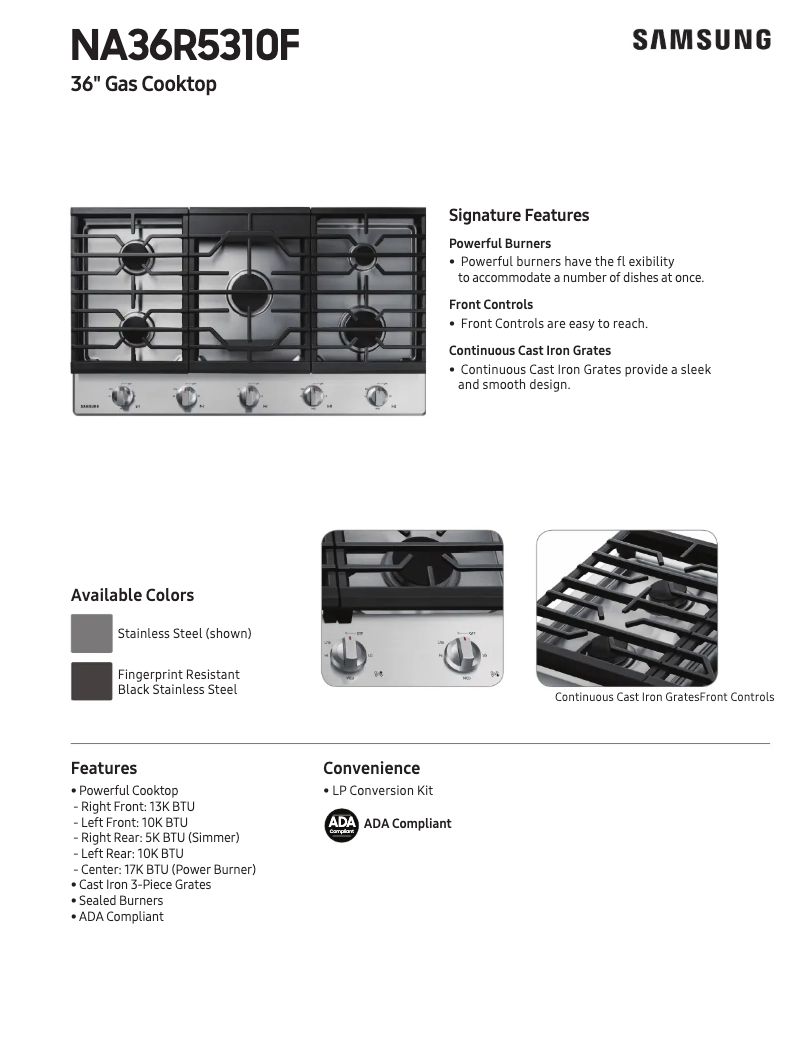 Page 1 de la notice Fiche technique Samsung NA36R5310FG