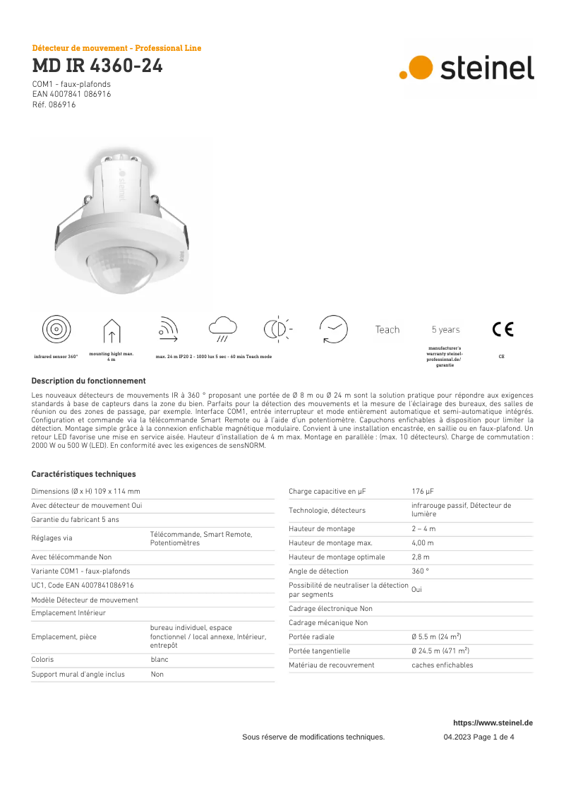 Page n°1 - Fiche technique Steinel MD IR 4360