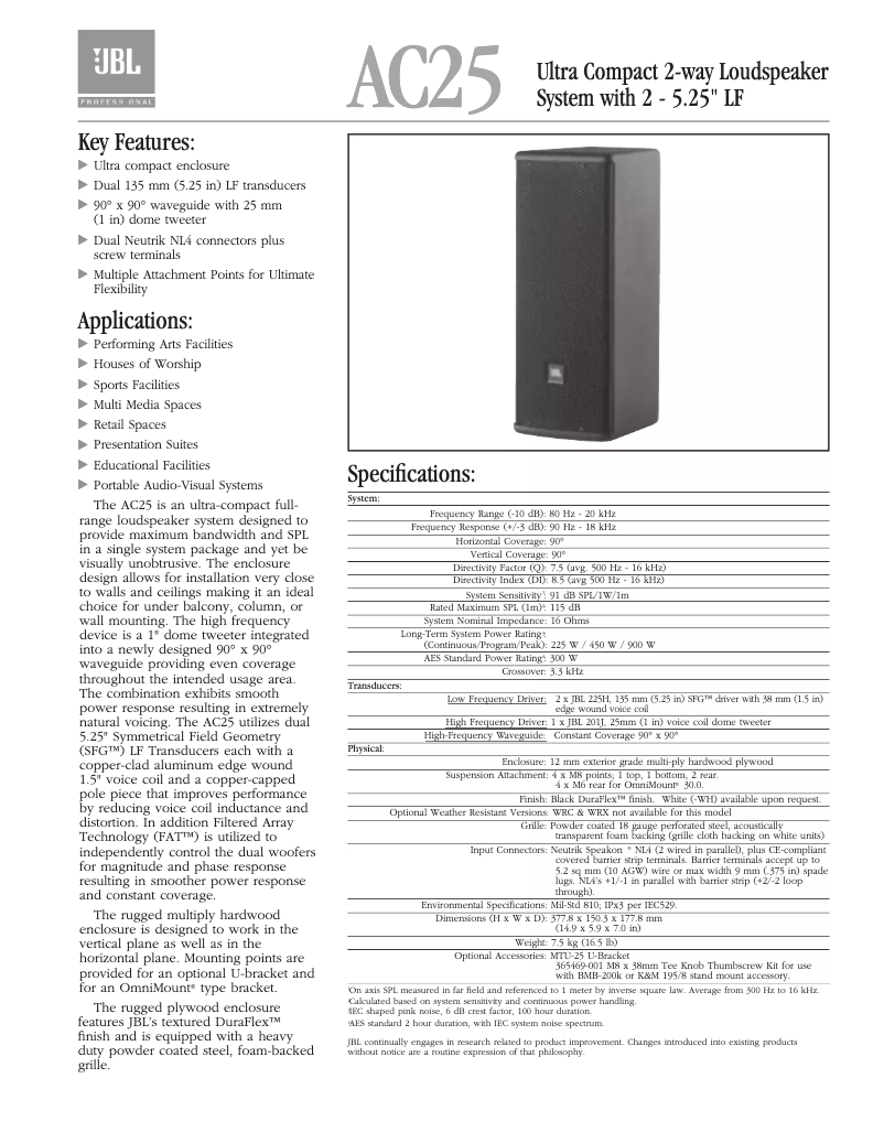 Page 1 de la notice Manuel utilisateur JBL AC25