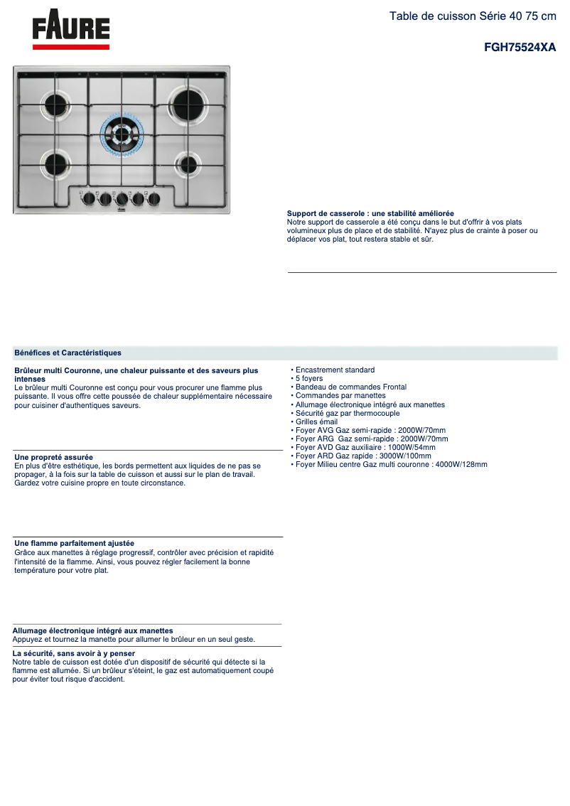 Page 1 de la notice Fiche technique Electrolux FGH75524XA
