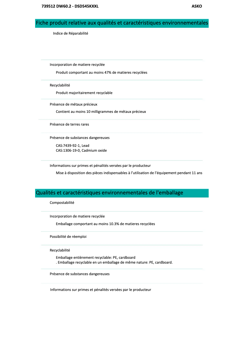 Page n°1 - Fiche technique Asko DSD545KXXL