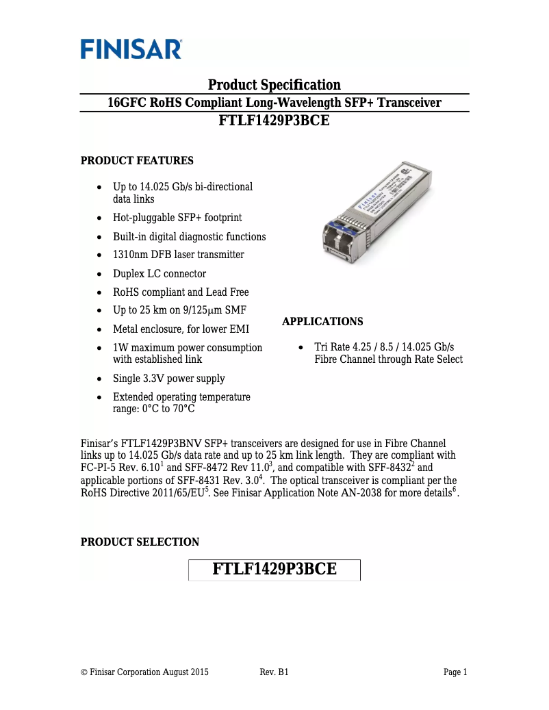 Page 1 de la notice Manuel utilisateur Finisar FTLF1428P3BNV