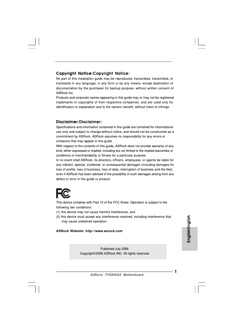 Page 1 de la notice Manuel utilisateur Asrock 775i945GZ