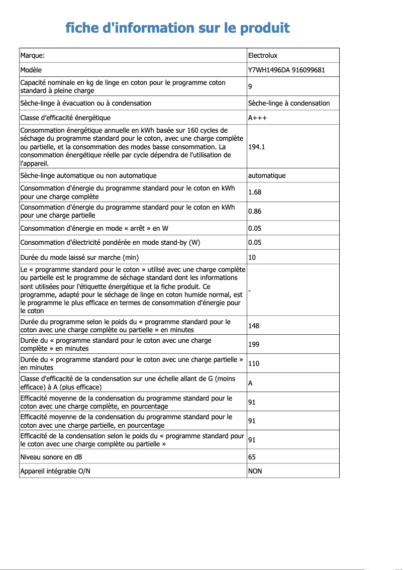 Page 1 de la notice Fiche technique Electrolux Y7WH1496DA