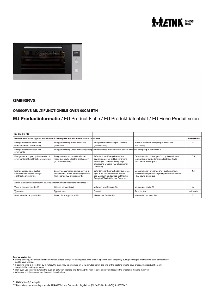 Page 1 de la notice Fiche technique Etna OM990RVS
