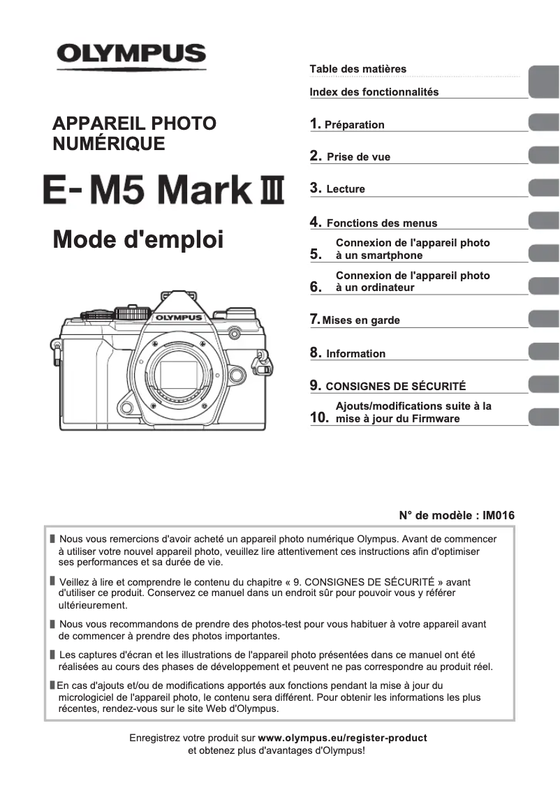 Page 1 de la notice Manuel utilisateur Olympus E-M5 Mark III