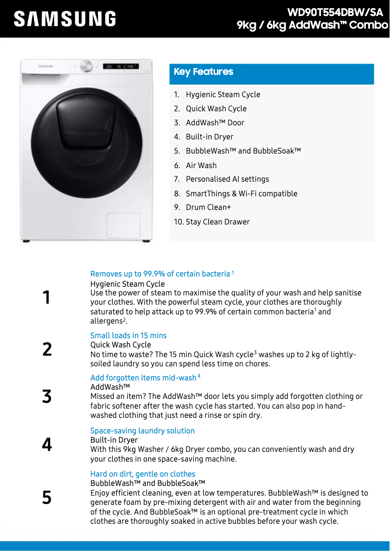 Page n°1 - Fiche technique Samsung WD90T554DBW
