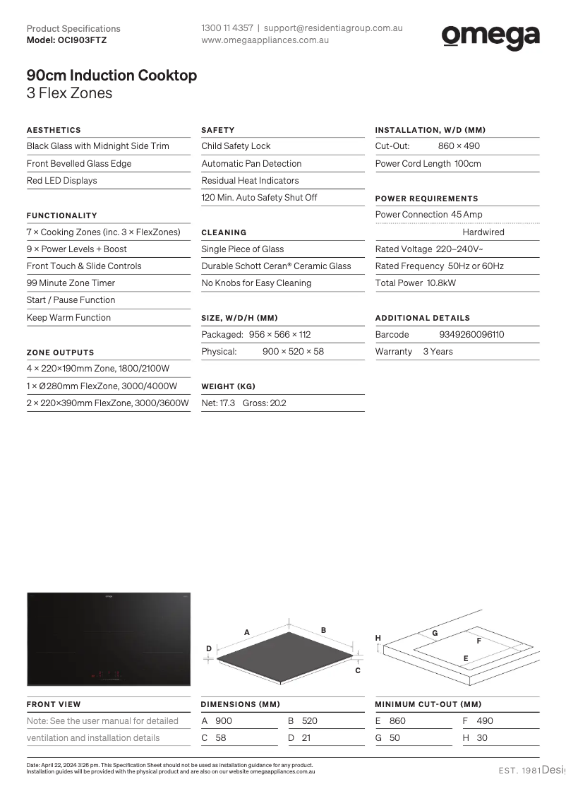 Page n°1 - Fiche technique Omega OCI903FTZ