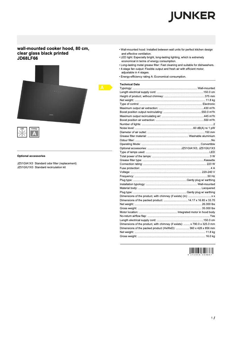 Page n°1 - Fiche technique Junker JD68LF66