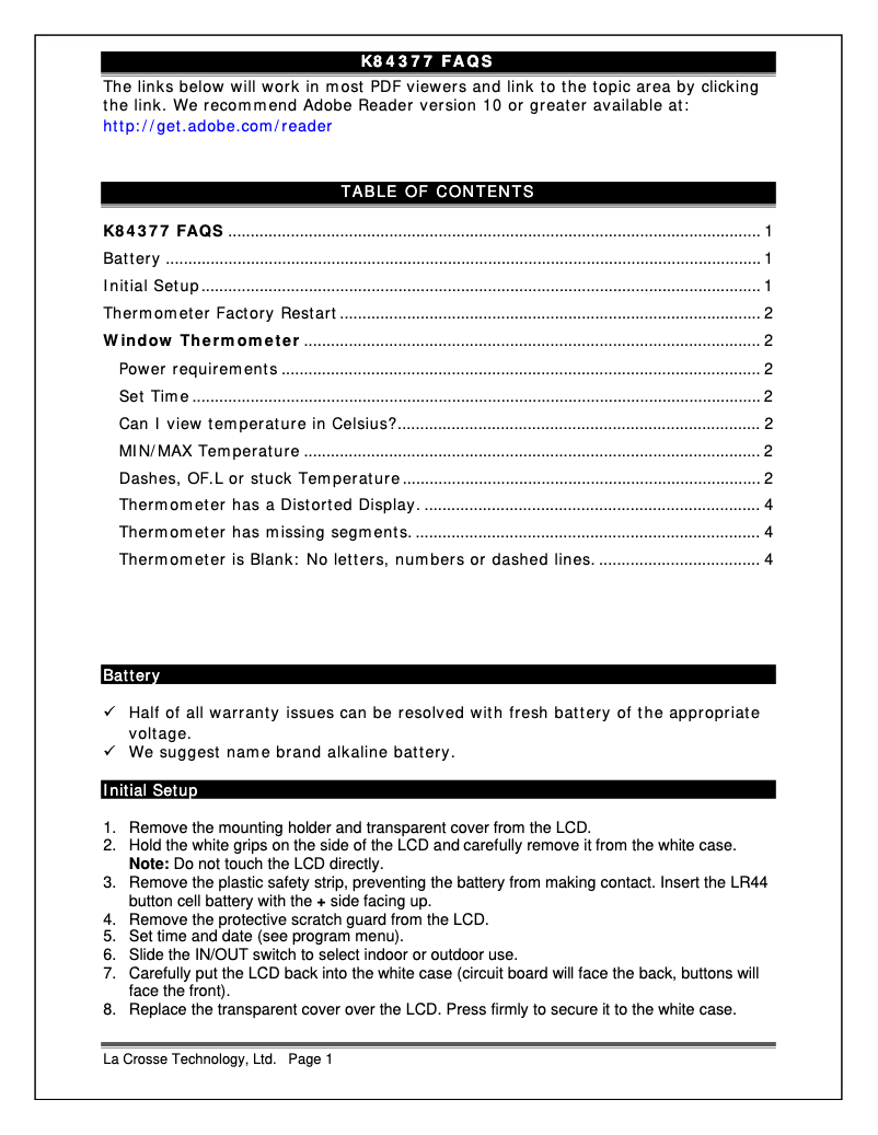 Page n°1 - FAQ La Crosse Technology K84377