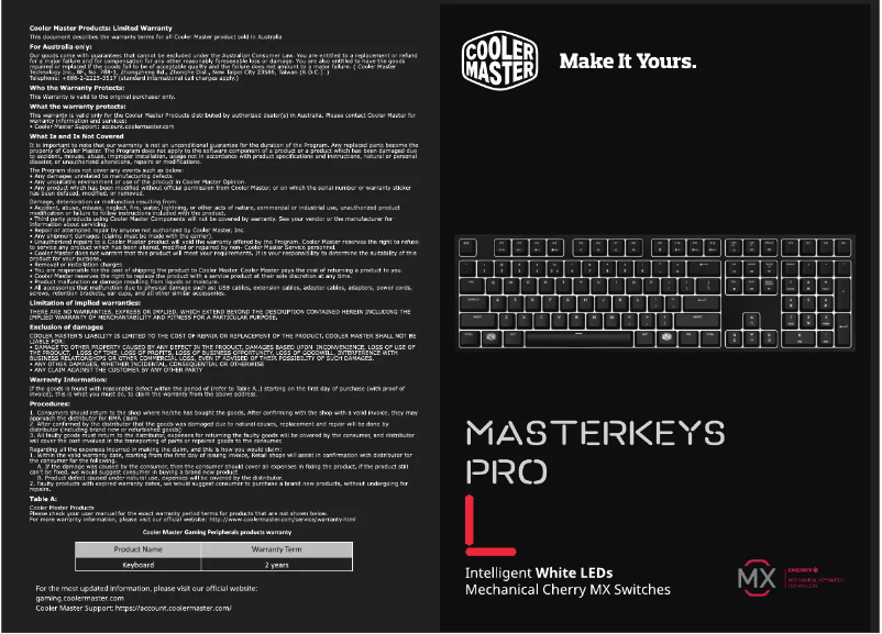 Page 1 de la notice Manuel utilisateur Cooler Master CM Storm MasterKeys Pro L