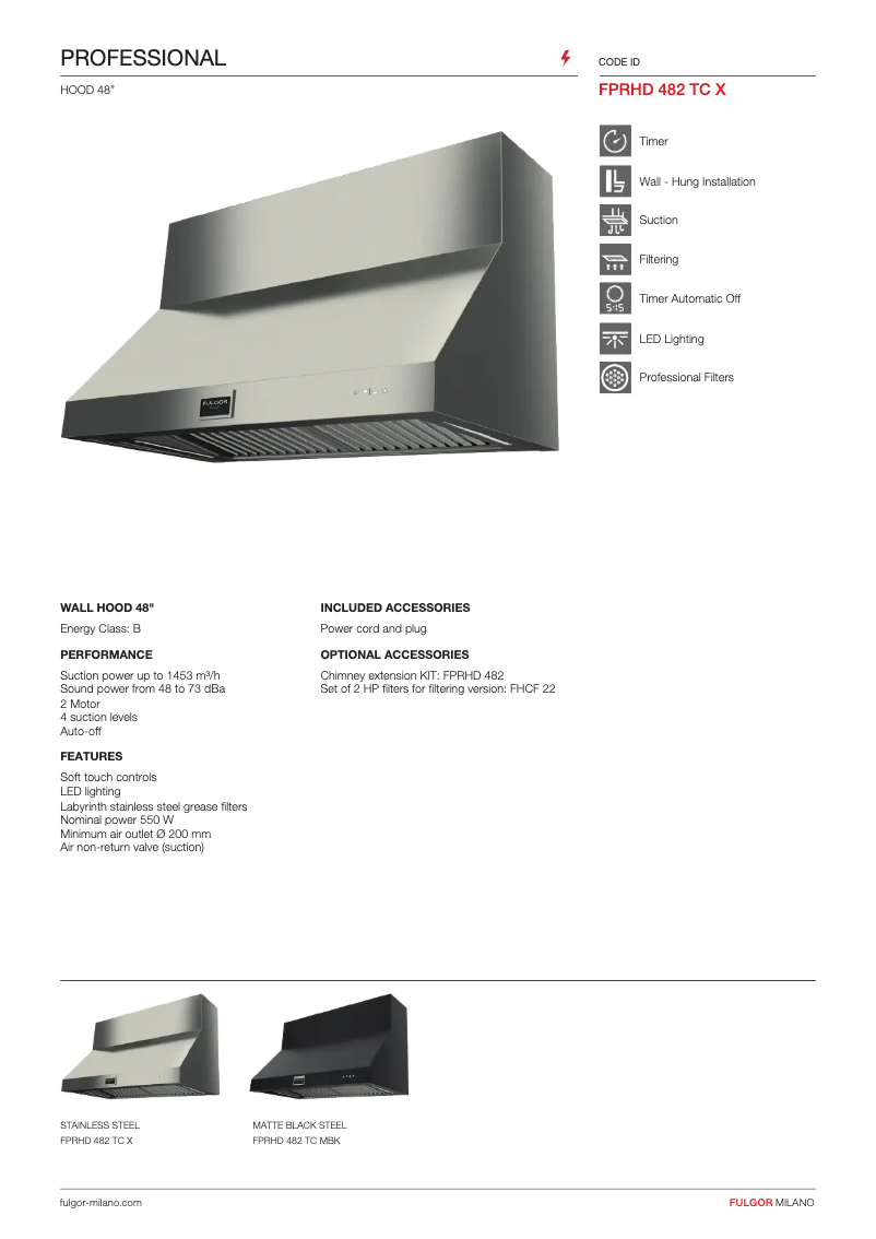 Page 1 de la notice Fiche technique Fulgor Milano FPRHD 482 TC X