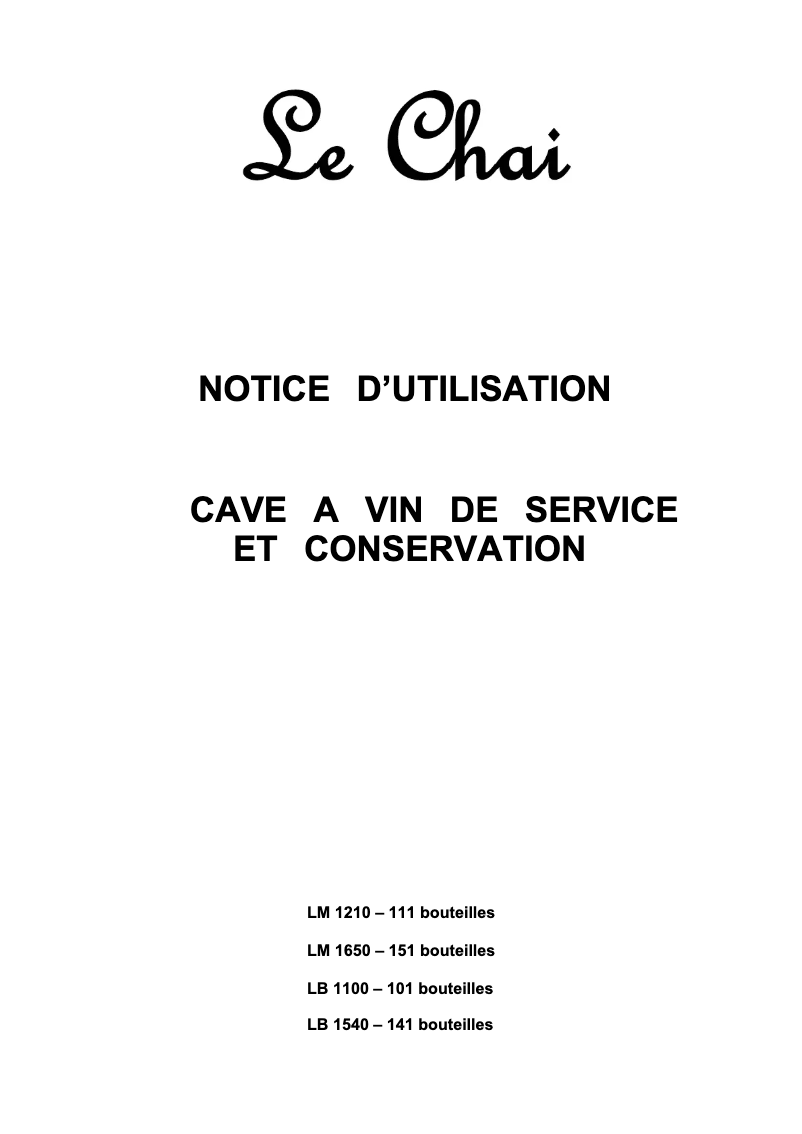 Page 1 de la notice Manuel utilisateur Le Chai LB 1540