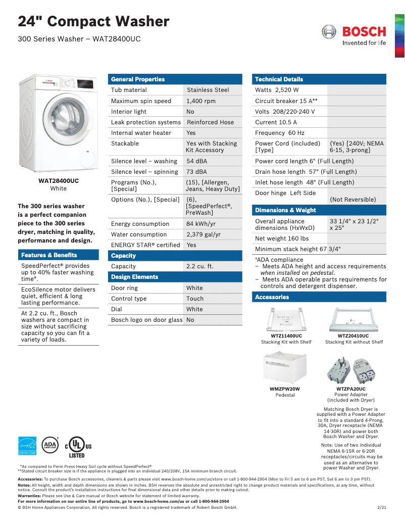 Page n°1 - Fiche technique Bosch WAT28400UC