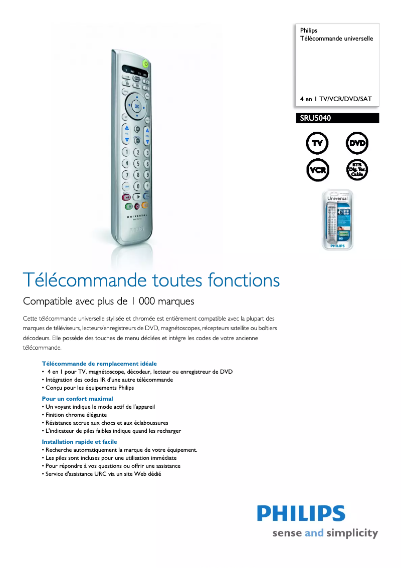 Page 1 de la notice Fiche technique Philips SRU5040