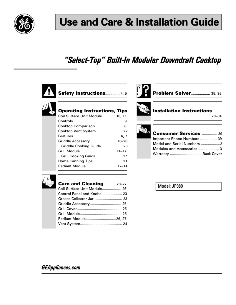 Page 1 of the manual Installation Guide GE Select-Top JP389WVWW