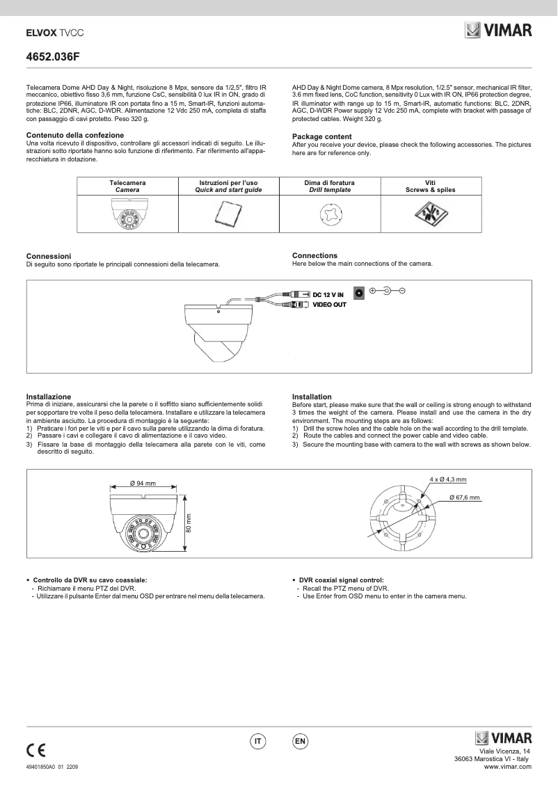 Page 1 de la notice Manuel utilisateur Vimar ELVOX 4652.036F