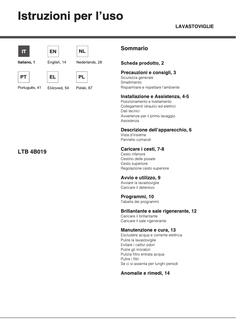 Page 1 de la notice Manuel utilisateur Hotpoint LTB 4B019