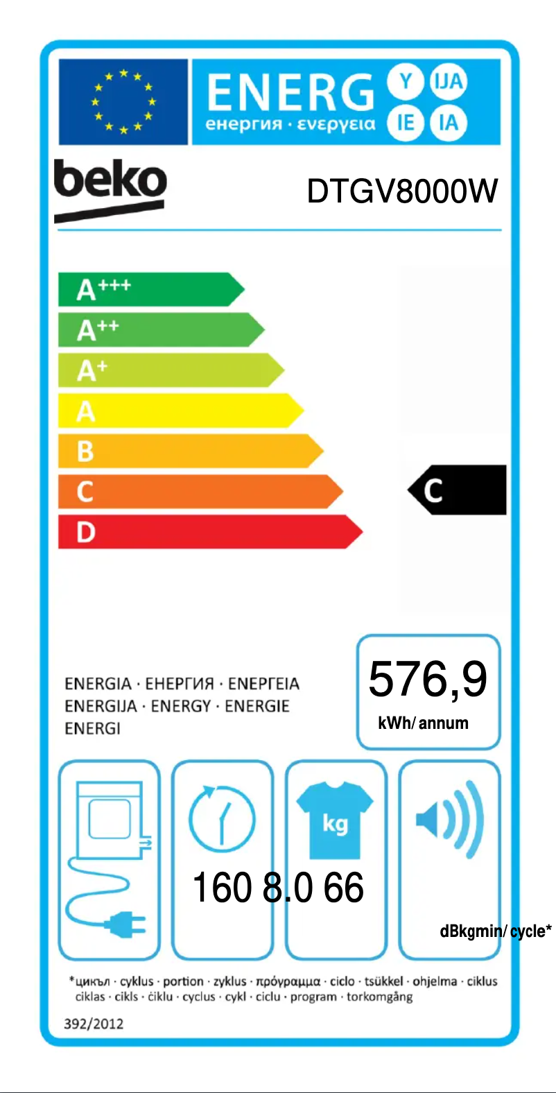 Page 1 de la notice Label énergétique Beko DTGV8000
