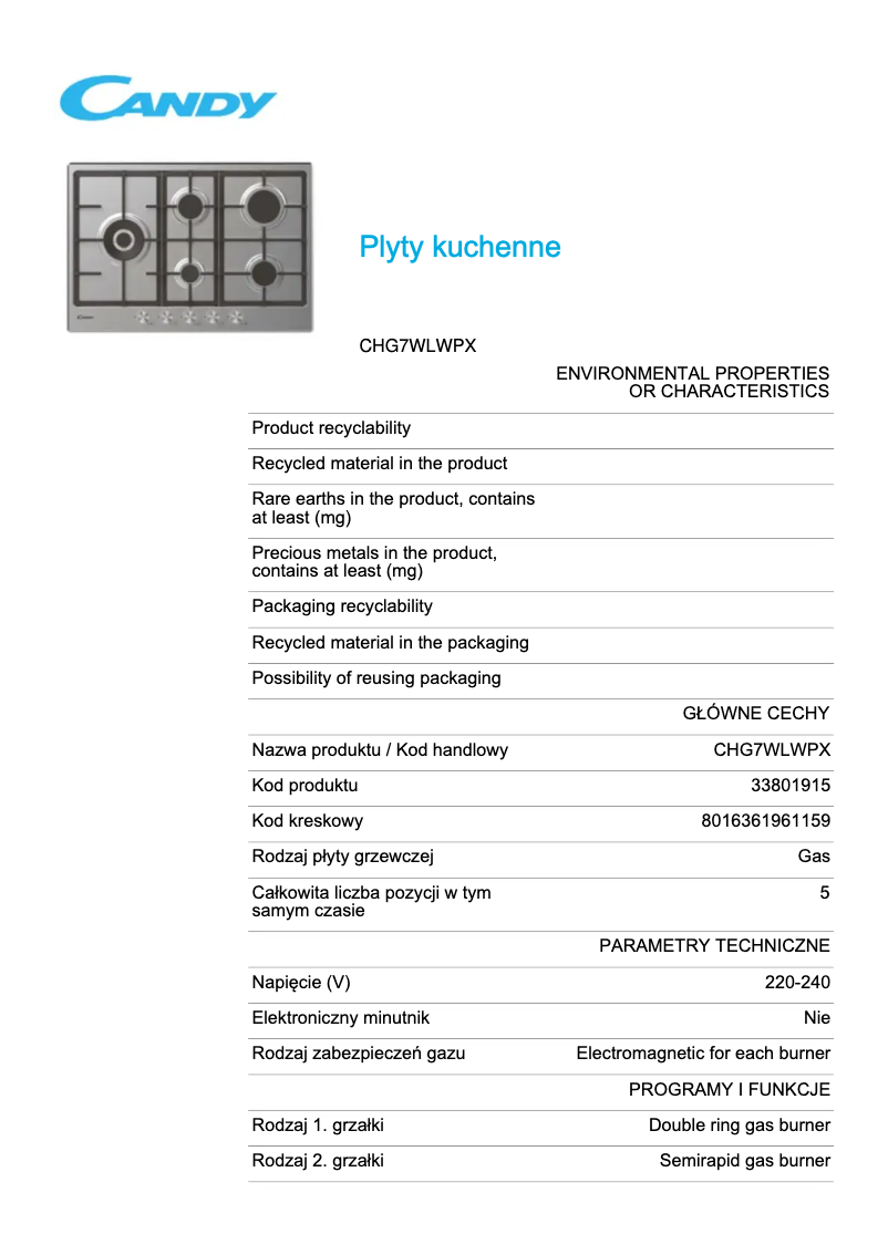 Page 1 de la notice Fiche technique Candy CHG7WLWPX
