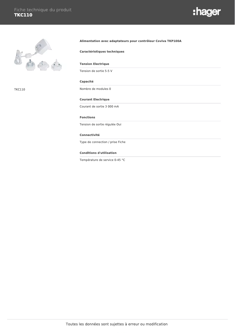 Page 1 de la notice Fiche technique Hager TKC110