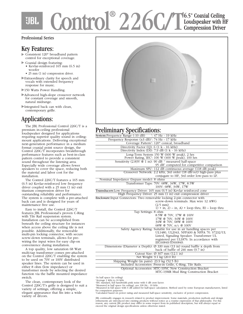 Page 1 de la notice Brochure JBL Control 226C/T