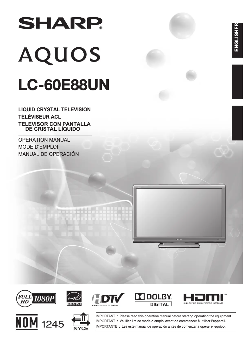 Page 1 de la notice Manuel utilisateur Sharp AQUOS LC-60E88UN