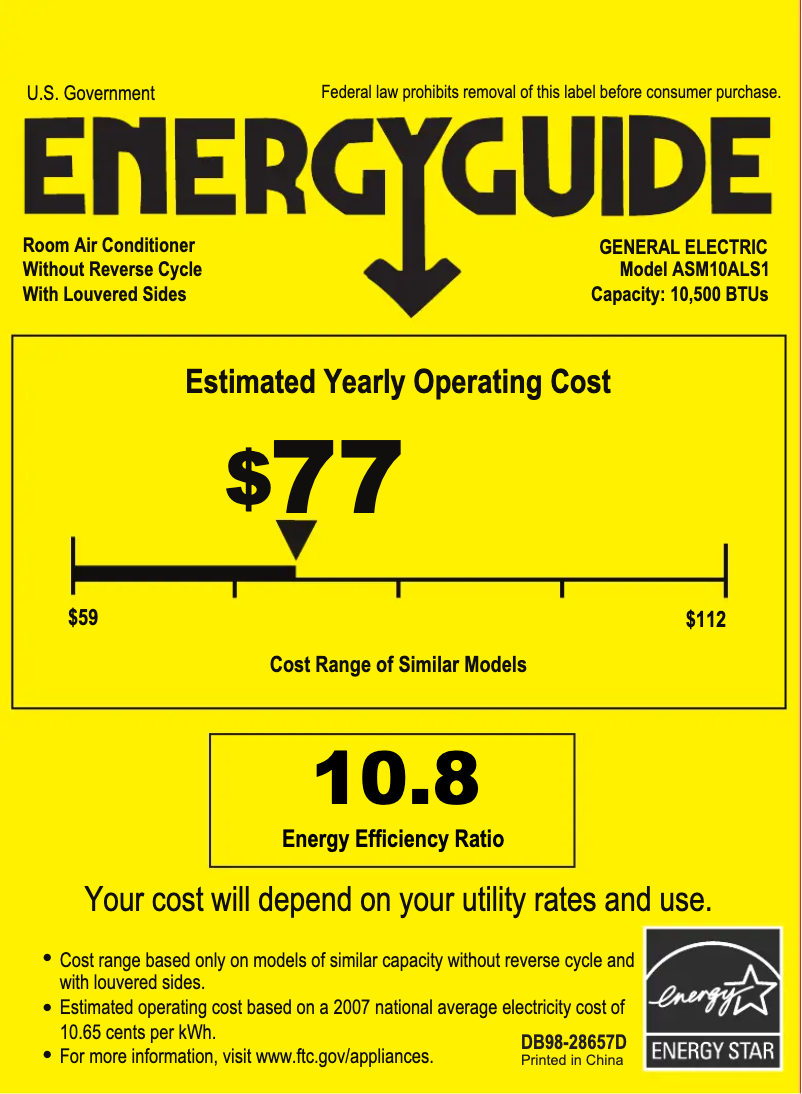 Page n°1 - Label énergétique GE ASM10AL