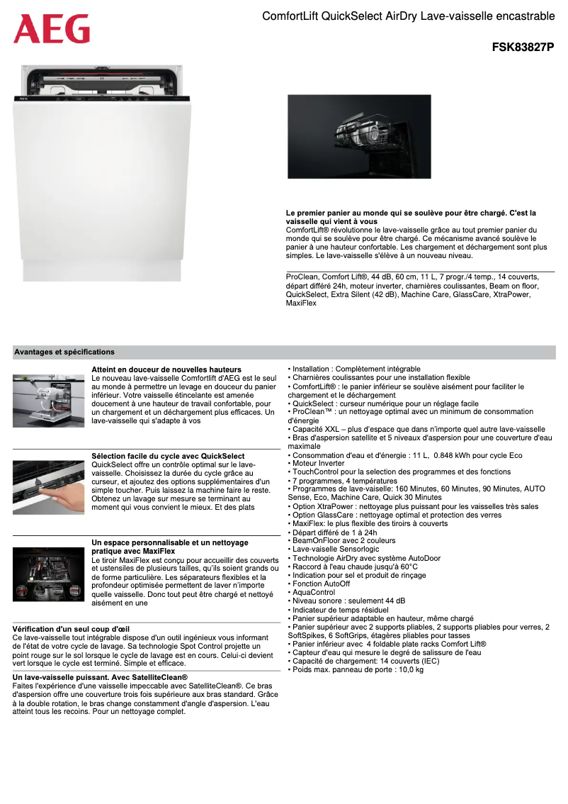 Page 1 de la notice Fiche technique AEG FSK83827P