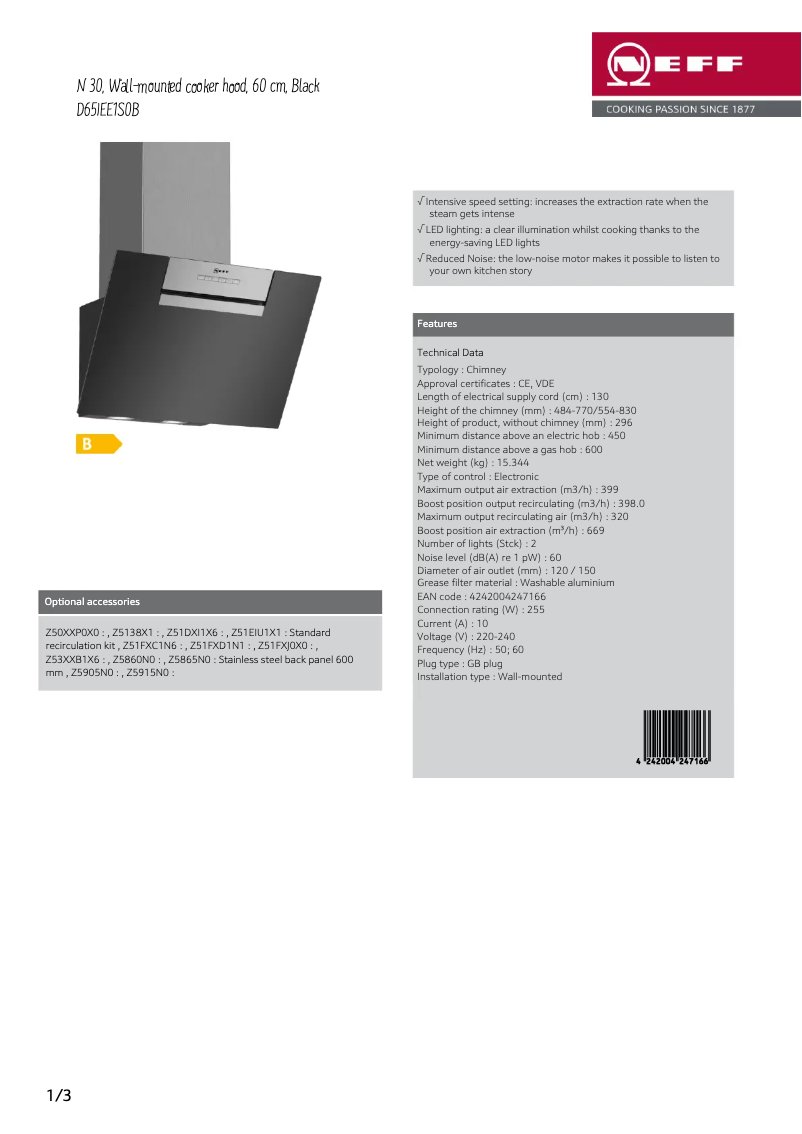 Page 1 de la notice Fiche technique Neff D65IEE1S0B