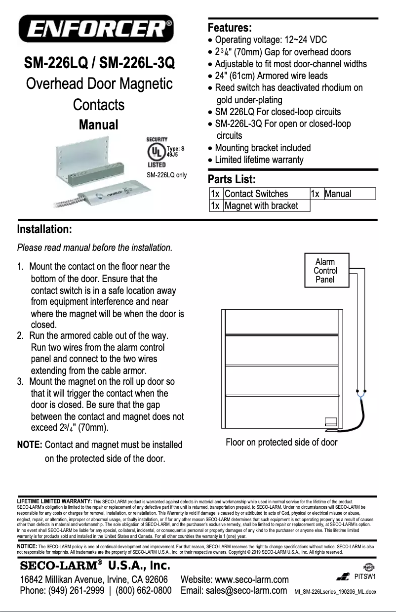 Page 1 de la notice Manuel utilisateur Seco-Larm SM-226LQ