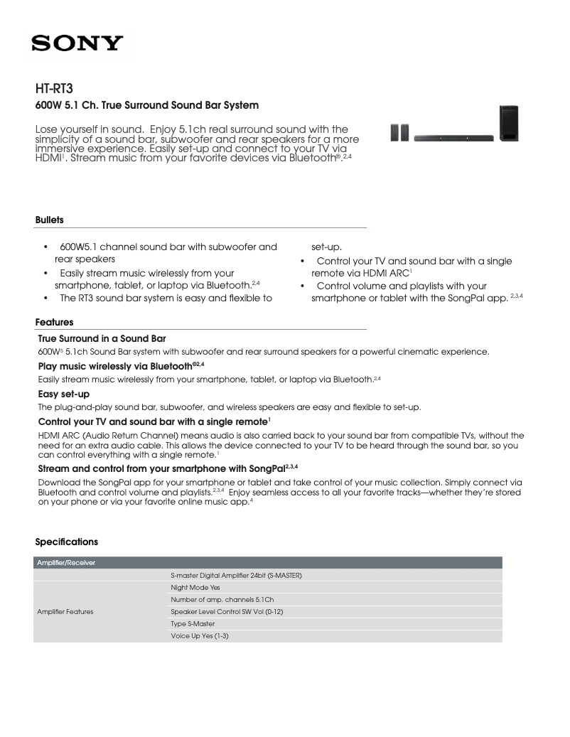 Page 1 de la notice Fiche technique Sony HT-RT3