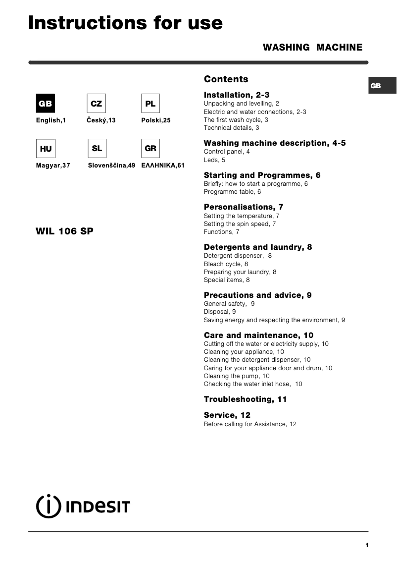 Page 1 de la notice Manuel utilisateur Indesit WIL 106 SP (EU)