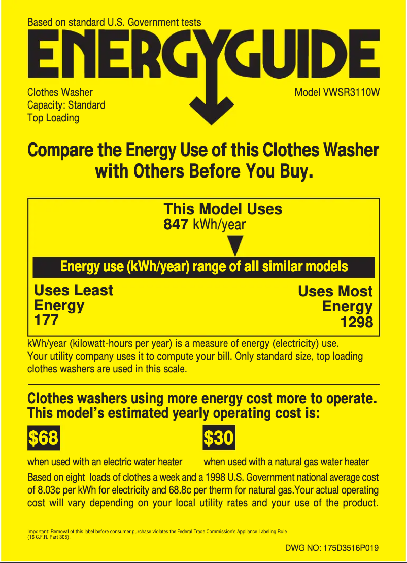Page 1 de la notice Label énergétique Hotpoint VWSR3110WAA
