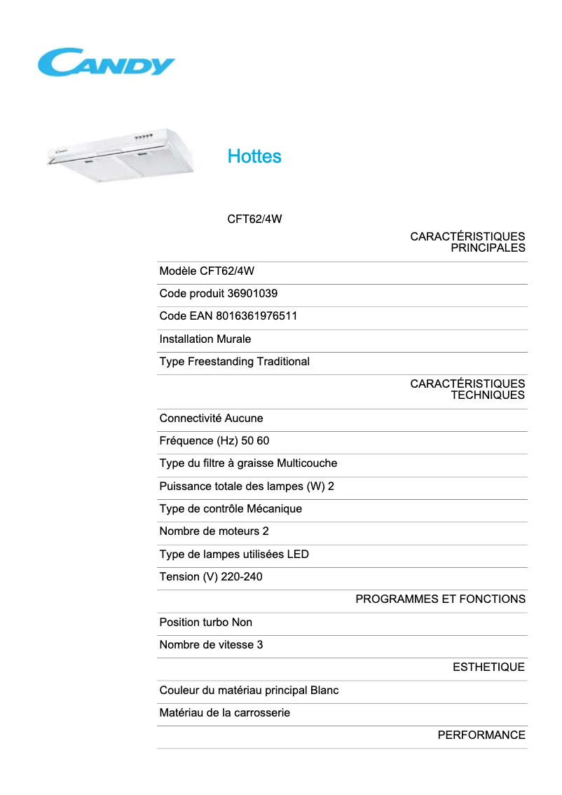 Page 1 de la notice Fiche technique Candy CFT62/4W