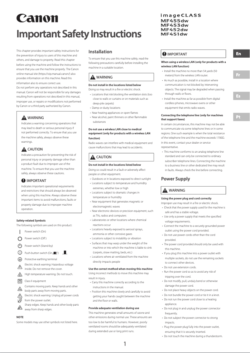 Image de la première page du manuel de l'appareil imageCLASS MF452dw