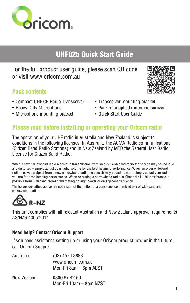 Page 1 de la notice Guide de démarrage rapide Oricom UHF025