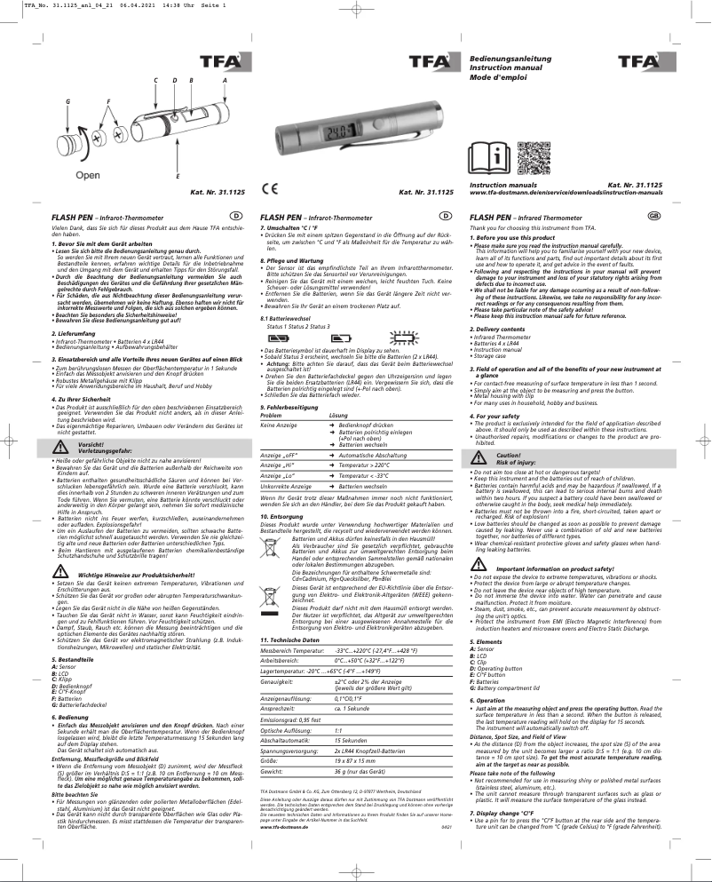 Page n°1 - Manuel utilisateur TFA Flash Pen 31.1125