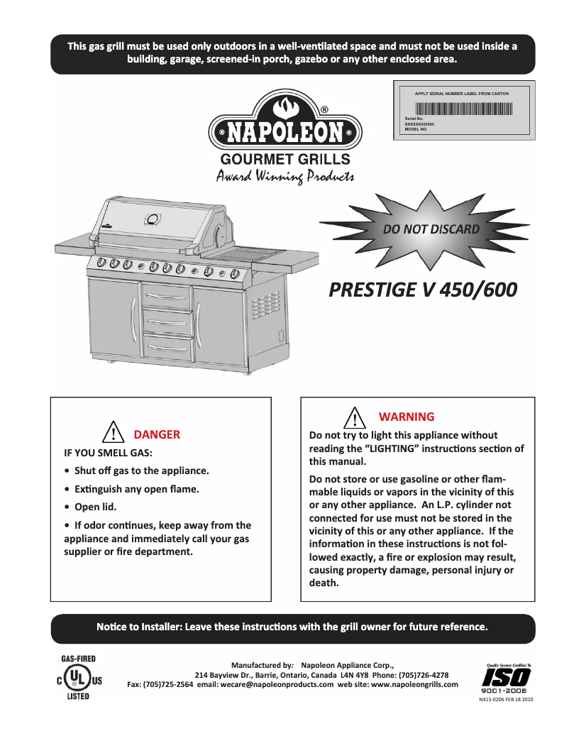 Page n°1 - Manuel utilisateur Napoleon Prestige FIVE 450