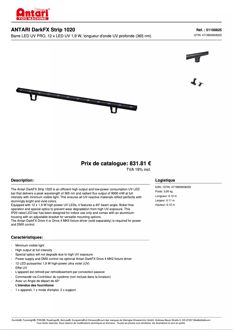 Page 1 de la notice Fiche technique Antari DarkFX Strip 1020