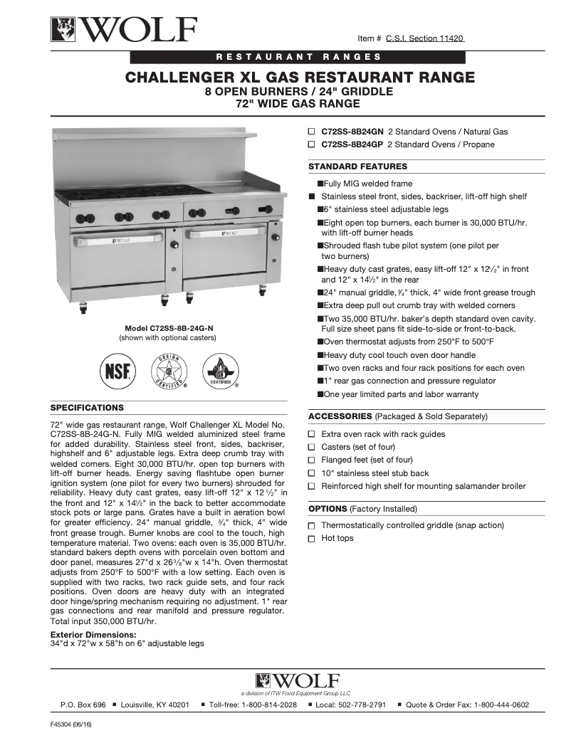Page 1 de la notice Fiche technique Wolf C72SS-8B24G
