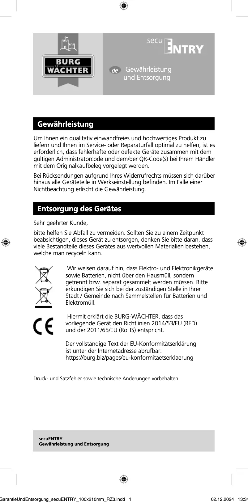 Page 1 de la notice Manuel utilisateur Burg Wächter Entry 7711 KP PIN