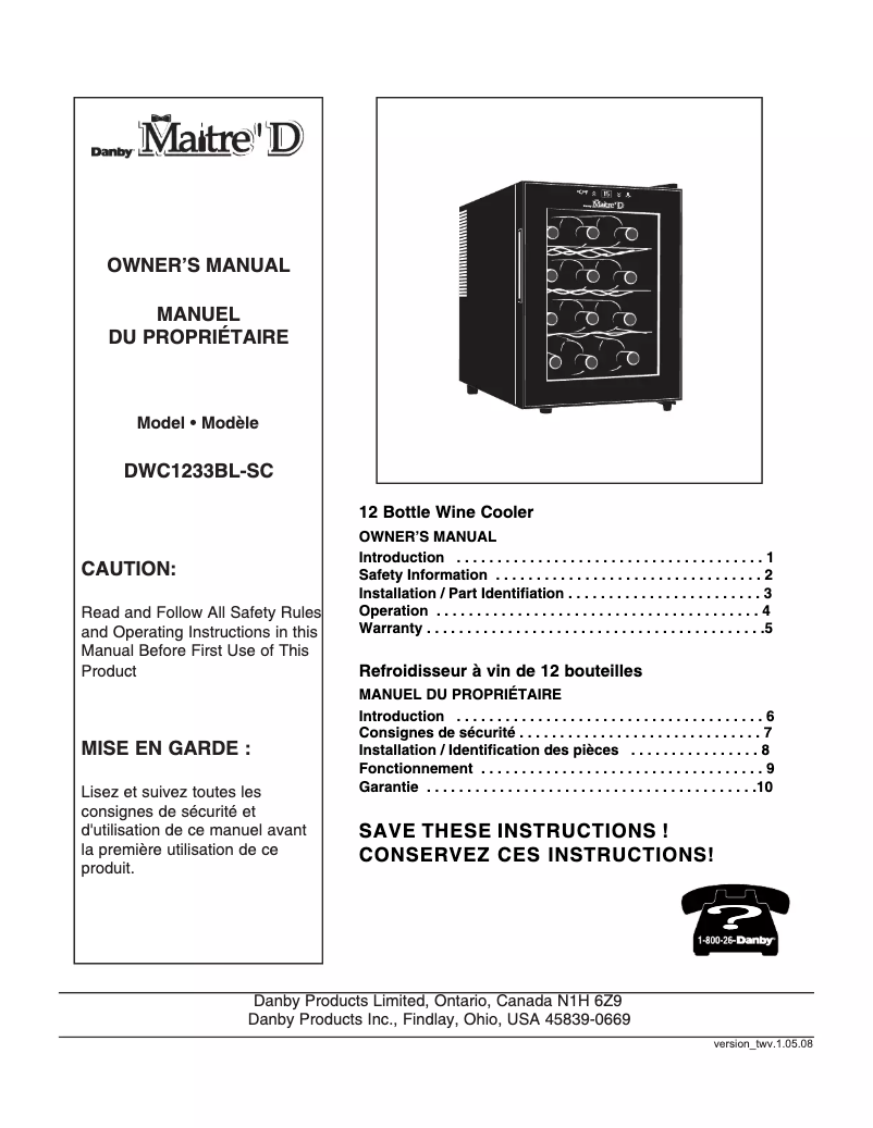 Page n°1 - Manuel utilisateur Danby DWC1233BL-SC