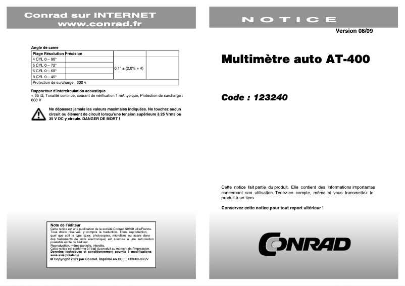 Page n°1 - Manuel utilisateur Voltcraft AT-400