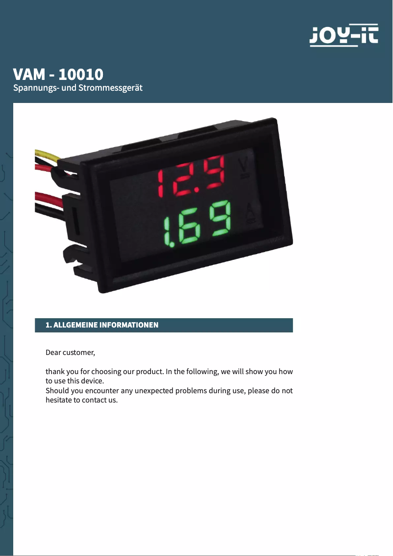 Page 1 de la notice Manuel utilisateur Joy-It VAM-10010